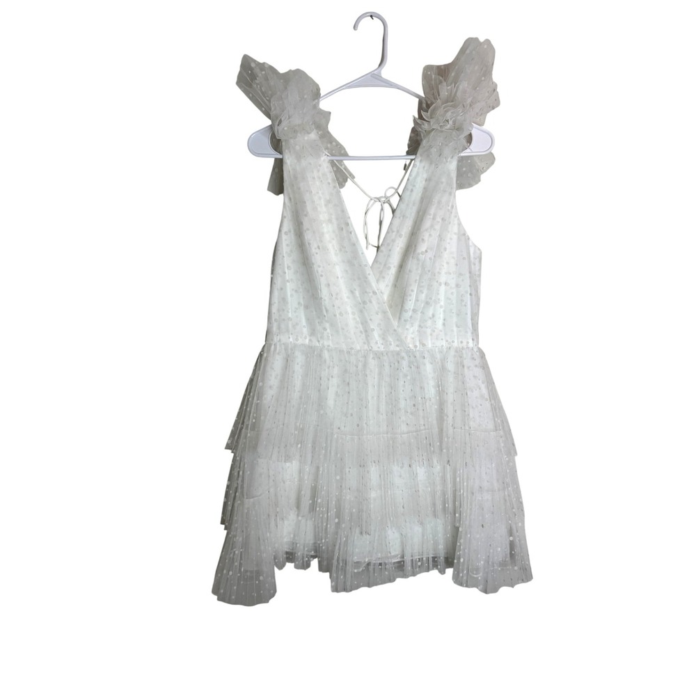 ML Monique Lhuillier Dress Womens 12‎ White Tulle Polka Dot Wrap Mini Fit Flare